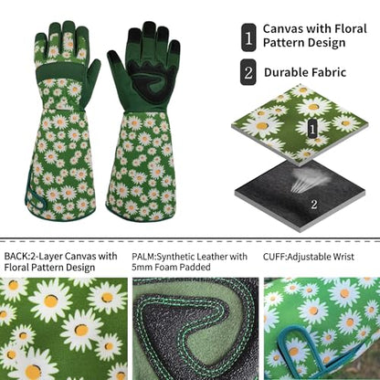 Thornproof Rose&Cactus Gardening Gloves,Gauntlet Garden Glove,Gifts - color: Green Daisy, size: Medium