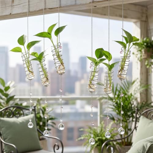 6Pcs Hanging Plant Propagation Station with Crystal Ball Prisms Suncatcher - color: Silver