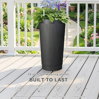 24" Self Watering Tall Black Planters Outdoor Set of 2 - color: Black Round