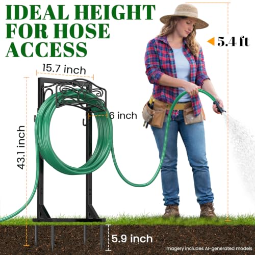 Sunvigor Freestanding Garden Hose Holder Stand, Heavy Duty Hose Reel Alternative with 2 Tool Hooks, Holds 150FT Water Hose, 4-Spike Stable Base, No-Drill Hose Storage for Outside Yard Lawn Garden - color: Black-butterfly Style With Hooks
