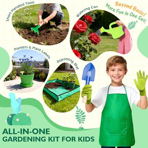 FHOZGECY Kids Gardening Set with Wheelbarrow and Metal Tools for Ages 3-8