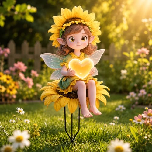 2D Flat Acrylic Sunflower Fairy Garden Stake, Weather Resistant Outdoor Yard Decor, Fairy with Sunflower & Glowing Heart Print Garden Ornament for Flower Pot, Lawn, Balcony, Garden Decoration Gift - color: Sunflower Fairy