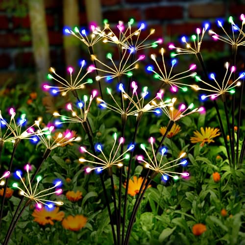 Kwaiffeo Solar Garden Lights Outdoor Waterproof Decorative Solar Lights for Outside 2 Pack with120 LED Swaying Fairy Firework Light Yard Garden Decor, Gifts for Mother's Day Mom Grandma Women - color: Multicolor, size: 2pack