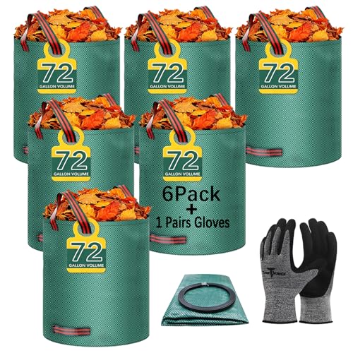 6 Pack 72 Gallon leaf bags reusable yard waste bags lawn bags,1 pairs of gardening gloves are included,Suitable for camping yards, can Cleaning debris, leaves,grass clippings