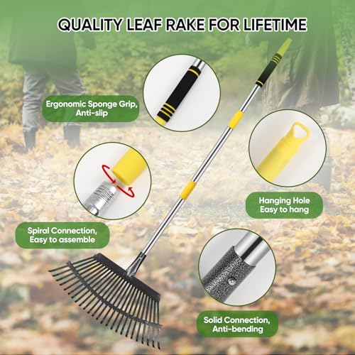 Heavy Duty Garden Rake 6FT Long Leaf Rake for Lawn - style: Stainless steel - Yellow