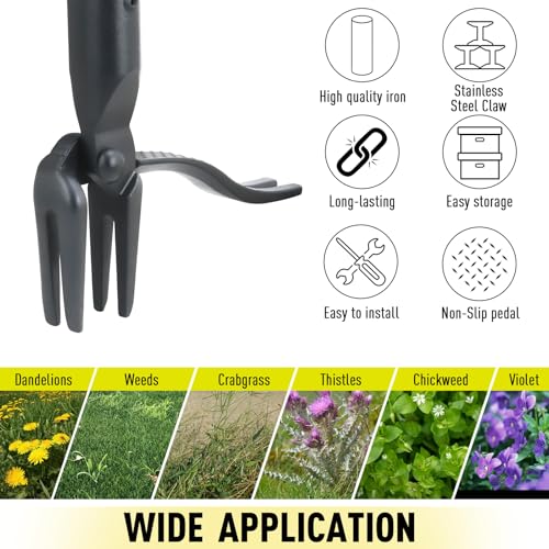 Jardineer Weed Puller Tool Stand Up Heavy Duty, 45" Weed Remover Tool with Long Handle and 4-Claw Steel Head, Manual Weeding Tool for Garden Lawn Yard, Easily Remove Weeds Without Bending