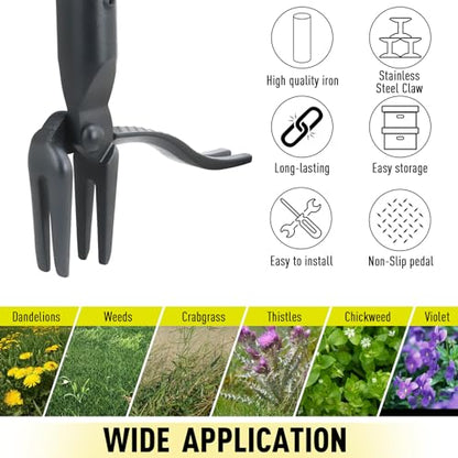 Jardineer Weed Puller Tool Stand Up Heavy Duty, 45" Weed Remover Tool with Long Handle and 4-Claw Steel Head, Manual Weeding Tool for Garden Lawn Yard, Easily Remove Weeds Without Bending