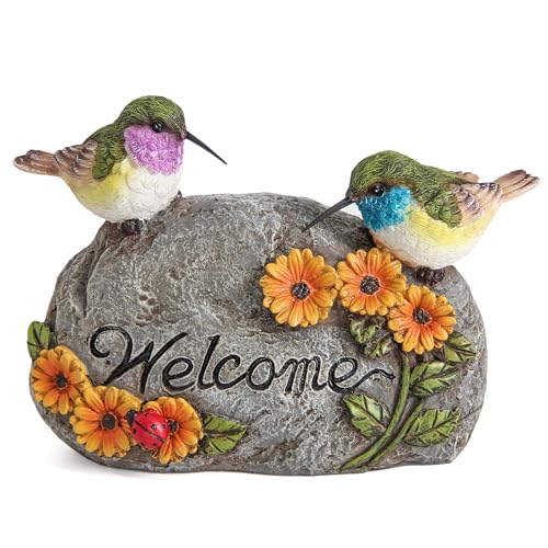 Garden Decor for Hummingbird Statue,Bird Figurines Welcome Sign for Outdoor Decorations,Bird Outdoor Statues Gifts for Lovers Women,Hummingbird Garden Art for Patio Yard Lawn Home Shelf Decor Accent - color: Gray