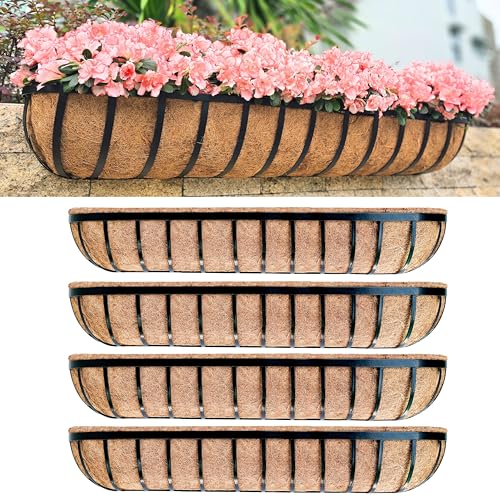 LaLaGreen Wall Hanging Planters (48 Inch, 4 Pack) Long Window Flower Box Planter with Coco Liner, Black Metal Rectangular Outdoor Plants Attach to House Horse Trough Fence Balcony Garden Porch Patio - size: 48" x 4