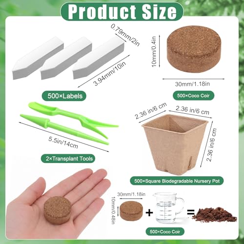 500 Sets Seed Starter Plant Pot Kit, 2.36" Square Peat Pots, Compressed Coir Fiber Potting Soil, Biodegradable Nursery Pot Bulk, Garden Germination Container with Planting Labels for Plant