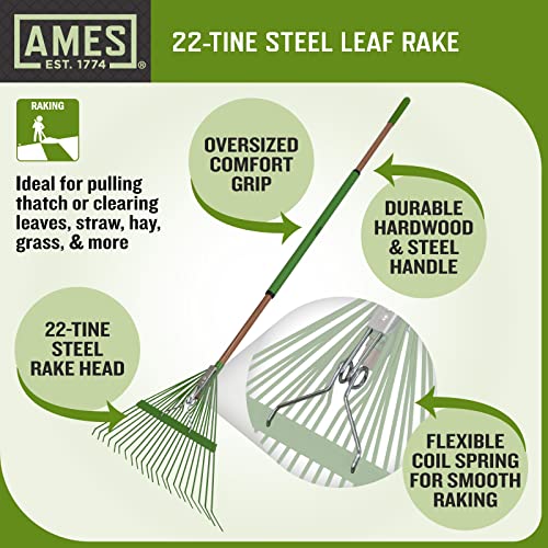 AMES 20201033 Steel Tine Leaf Rake with Hardwood/Steel Handle, 22 Tines