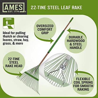 AMES 20201033 Steel Tine Leaf Rake with Hardwood/Steel Handle, 22 Tines