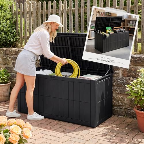 100 Gallon Deck Box Outdoor Storage Box Lockable Waterproof Resin Indoor Outdoor Storage Container for Patio Cushions, Tools, Package Delivery Boxes for Outside