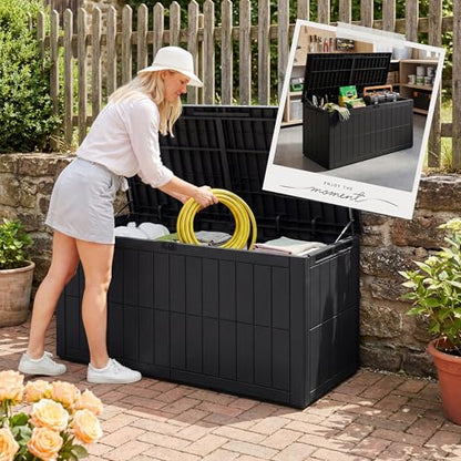 100 Gallon Deck Box Outdoor Storage Box Lockable Waterproof Resin Indoor Outdoor Storage Container for Patio Cushions, Tools, Package Delivery Boxes for Outside