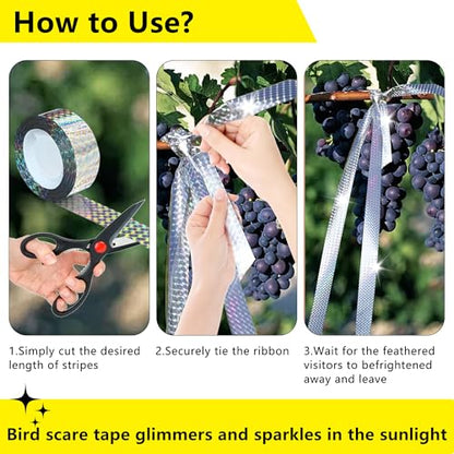 Bird Scare Reflective Tape, 295 Feet (2 Rolls), Double-Sided Reflective, for Repelling Sparrows and Woodpeckers, Suitable for Outdoor Use in Homes, Gardens, Farms, Orchards,Outdoor - size: 295 Ft*2