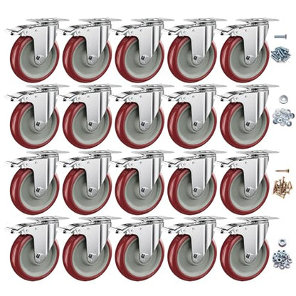 5" Heavy Duty Plate Casters with Brake, Set of 20 - color: Red, size: 5 inch