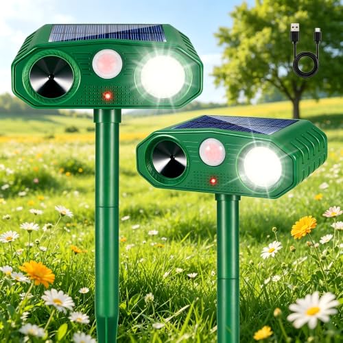 2 Pack Solar Ultrasonic Animal Repeller Outdoor,Deer Repellent Outdoor & Cat Deterrent Outdoor, Effective Against Birds, Cats, Squirrels, Deer,Coyote, Raccoons,Rabbit Wild Animal Deterrent for Garden