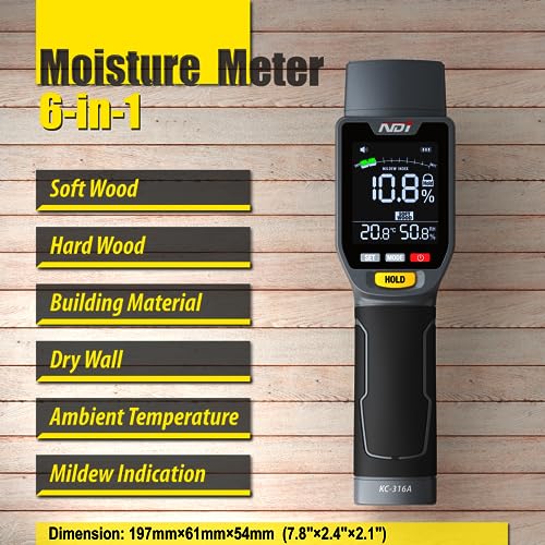 NDI 6 in 1 Non-invasive Moisture Meter Pinless Humidity Sensor Drywall/Gypsum Board/Cement Board/Cork/Hardwood/Mildew Index