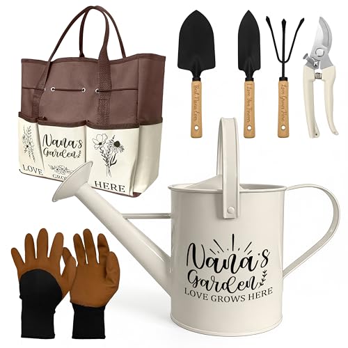 Nana Gifts, Garden Kit Gifts for Nana Mothers Day from Grandkids Gardening Tools and Durable Garden Tools Organizer Tote, Ideal Gardening Set for Women on Plant Lover Birthday Present Brown