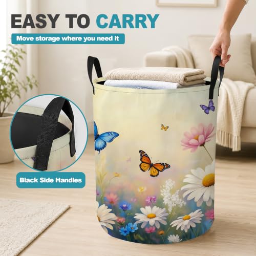 Daisy Butterfly Collapsible Laundry Hamper,Spring Flowers Waterproof Oxford Cloth Clothes Basket with Handles for Bathroom Bedroom Nursery Dorm Room,16" x 20" - color: Daisy Butterfly,Spring Flowers