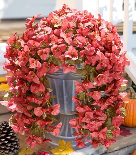 2 PCS Bougainvillea Artificial Hanging Flowers Plants for Outdoors, Red - color: Red B