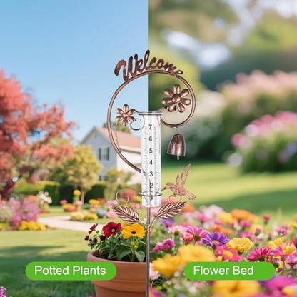 Rain Gauge Outdoor,Hummingbird Rain Gauges with Bell Design,Decorative Large Number Plastic Tube Freeze Proof Metal Rain Measure Water Gauge Welcome Sign for Garden Yard