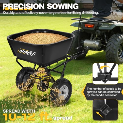 AugFir Tow Behind Broadcast Spreader, 130 LBS Capacity Lawn Fertilizer Spreader for Riding Mower, ATV, UTV & Tractor, 12 FT Spread Width Pull Behind Spreader Seeder for Grass Seed, Salt, Ice Melt