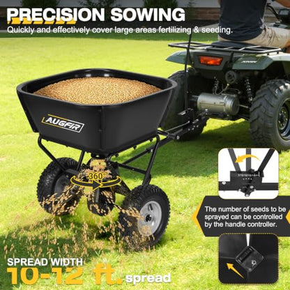 AugFir Tow Behind Broadcast Spreader, 130 LBS Capacity Lawn Fertilizer Spreader for Riding Mower, ATV, UTV & Tractor, 12 FT Spread Width Pull Behind Spreader Seeder for Grass Seed, Salt, Ice Melt