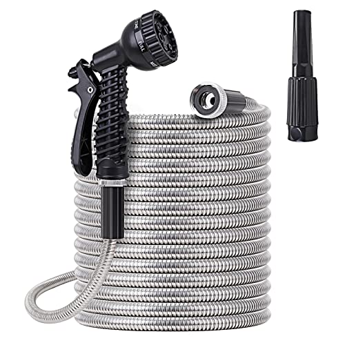 Stainless Steel Garden Hose 75 ft - Metal Water Hose with 2 Nozzles, Lightweight, Tangle Free & Kink Free, Heavy Duty, High Pressure, Flexible, Dog Proof - size: 75FT