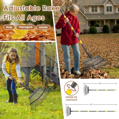 Leaf Rake 18” Wide Heavy Duty Metal 25 Tines Garden Rake Set with 30-75” Adjustable Long Handle for Yard Grass Shrub Mulch Including 32Gallon Garden Bag Leaf Scoops