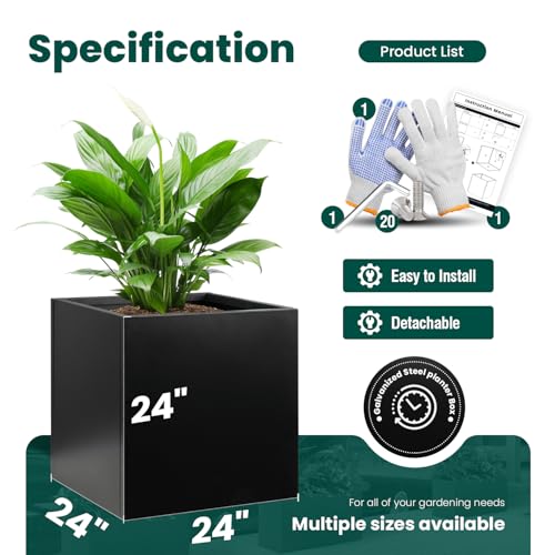 Galvanized Steel Planter Box 24” H, Black, Square, Metal, Powder Coating - color: Black, size: 24" L x 24" W x 24" H