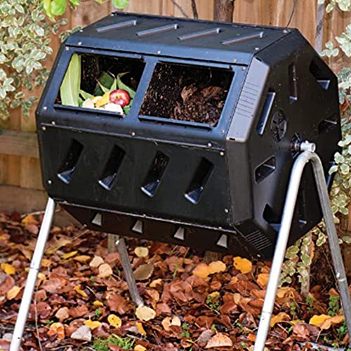FCMP Outdoor Dual-Chamber Tumbling Composter with Wheels, Black, 37 Gallon