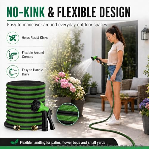 100FT Non-Expandable Flat Garden Hose with 10 Function Nozzle,No-Kink,Green - color: Green, size: 100FT