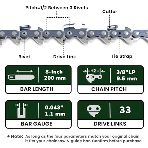 New 8 Inch Pruning Saw Chain 3/8"LP Pitch .043" Gauge 33 Drive Links, 8 Inch Pole Saw Blade Fit for RYOBI P4361 / P4360, Worx WG349, Milwaukee M18 FUEL 3004-20, Kobalt KPS 1024A-03 & More - R33