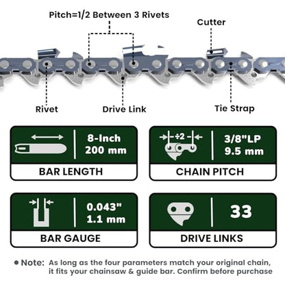 New 8 Inch Pruning Saw Chain 3/8"LP Pitch .043" Gauge 33 Drive Links, 8 Inch Pole Saw Blade Fit for RYOBI P4361 / P4360, Worx WG349, Milwaukee M18 FUEL 3004-20, Kobalt KPS 1024A-03 & More - R33
