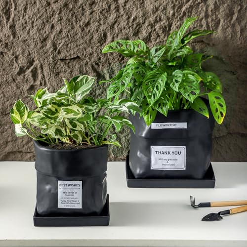 Nihow 8 Inch Ceramic Plant Pot with Drainage & Square Saucer,Black - color: Black, size: 8 Inch