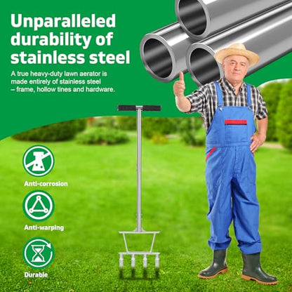 Dual-Function Manual Core Lawn Aerator with 4 Hollow Tine (2026 Upgraded)