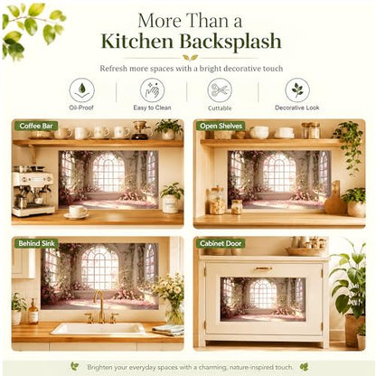 Kitchen Wallpaper 17.3x28 in Rose Garden Arched Window for Backsplash - color: Colorful1281