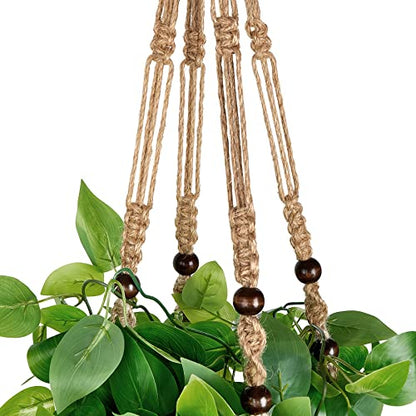 Mkono Fake Hanging Plant, Macrame Hanger with Pothos Vines & Pot, Brown - color: Brown