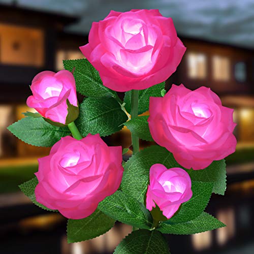 Solar Flower Lights Outdoor - Upgraded New Material Two Modes Realistic LED Solar Powered Waterproof Lights with 5 Roses, Solar Decorative Stake Lights for Garden (Pink, 1 Pack) - color: Pink, size: 1 Pack
