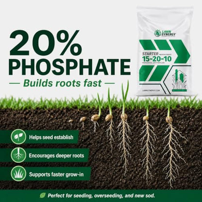 Starter Fertilizer 15-20-10 – (50 lbs.) High Phosphorus Lawn Food for New Grass Seed & Sod – Promotes Fast Root Growth, Stronger Germination & Early Green-Up – Professional Grade Lawn Fertilizer - size: 50 lbs.