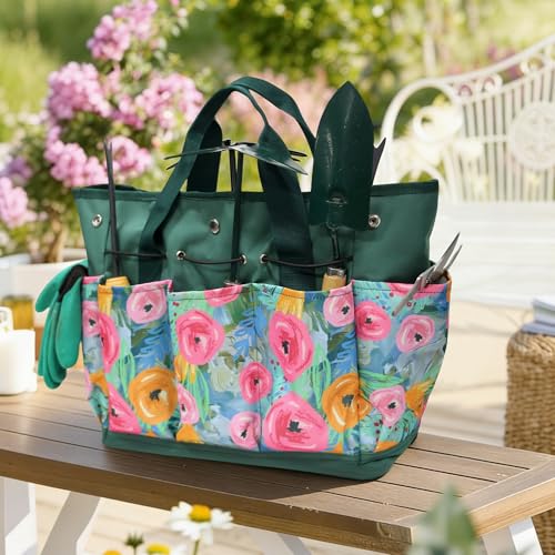 Waterproof Garden Tool Bag, 600D Oxford Portable Gardening Tote with Handle & Multi Pockets, Ideal Gifts for Parents Women (Green, Tools Not Included) - color: Green