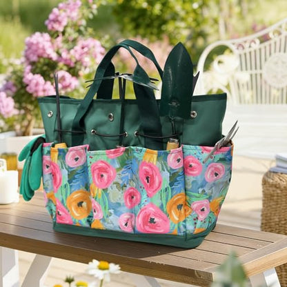 Waterproof Garden Tool Bag, 600D Oxford Portable Gardening Tote with Handle & Multi Pockets, Ideal Gifts for Parents Women (Green, Tools Not Included) - color: Green