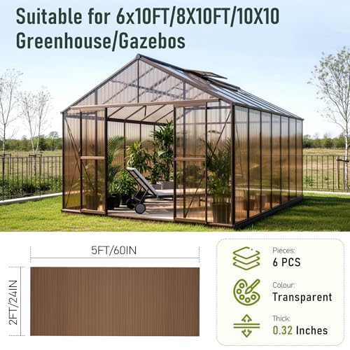 Bezseller 6 Pcs 5'x2' Polycarbonate Greenhouse Panels, Brown - color: Brown, size: 0.32"丨6 Pcs