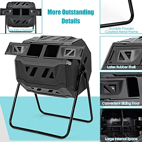 IRONMAX Outdoor Compost Tumbler, 43 Gallon (163 L) Rotating Tumbling Composter with Dual Chamber, Large Composting Bin for Frame Garden Yard Waste, Black