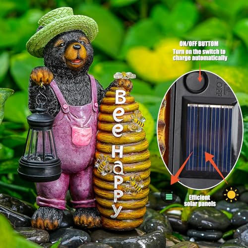 Joint Honglin Honey Bear Garden Statue with Lighted Beehive & Lantern - color: Honey Bear