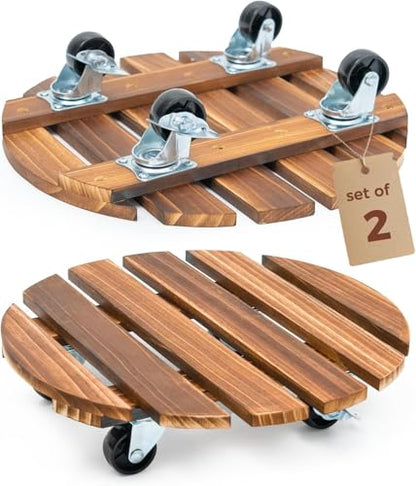 Bamworld Plant Caddy 14 Inch Wood Dolly with Wheels 2 Pack - size: 14inch-Round-2 pack