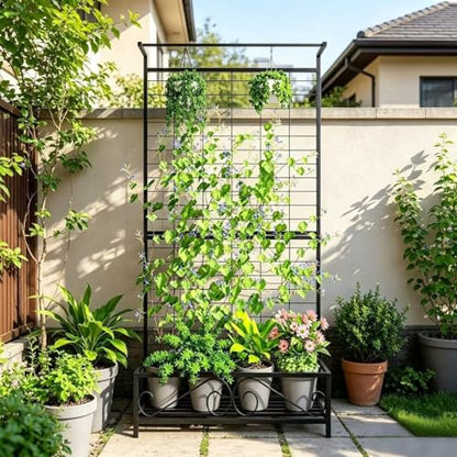 Zhongma Metal Planter with Trellis Raised Bed with Trellis for Vine Climbing Plants Flowers(12.8 x 35.43 x 74 in), 74 Inch Height Privacy Screen with Hanging Plant Pot Shelf - size: 12.8 x 35.43 x 74 in