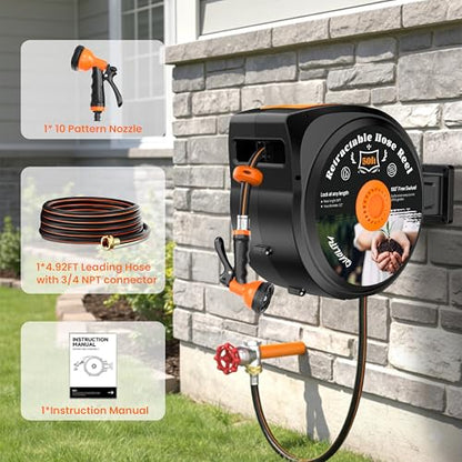 Retractable Garden Hose Reel, 1/2 in x 100 ft Wall Mounted Hose Reel - size: 100 FT