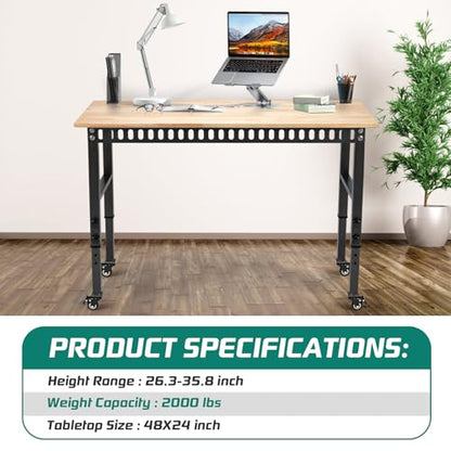 OLBRUS 48” Adjustable Workbench with Metal Wheels, 2000LBS Load Capacity - size: 48"No Power Outlets-Wheel